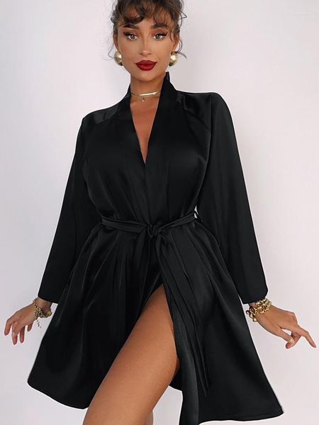 Roupa de dormir feminina Hiloc preto cetim robe roupão solto robes para mulher roupão de banho manga longa camisola mulher 2023 outono casamento
