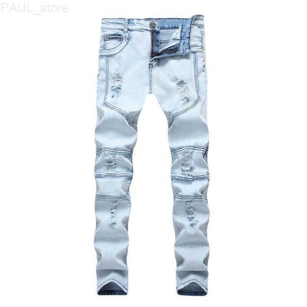 Calças masculinas casual fit hommes cowboys fashion wash buracos rasgados pés azul claro jeans elásticos finos calças jeans masculinas emendadas L230724