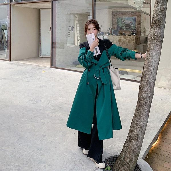 Trench Coats Feminino Casaco Contraste Longo Modelo 2023 Primavera Outono Versão Coreana Solto Tamanho Grande Drapeado Jaqueta Britânica Tendência