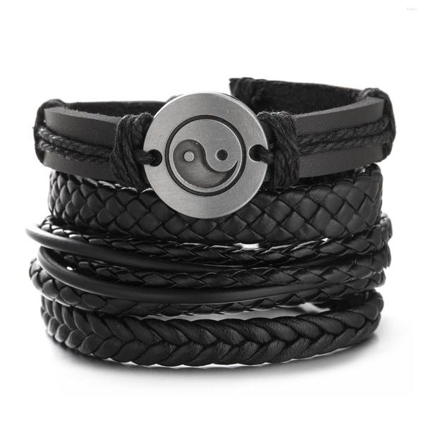 Charm Bracelets Estilo Chinês Tai Chi Ying Yang Combinação Pulseira Masculino Preto Trançado Pulseira De Couro Masculino Punk Jóias Acessórios