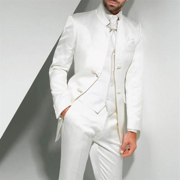 Weiße Tunika-Hochzeits-Smokings für den Bräutigam im chinesischen Stil mit zwei Knöpfen, maßgeschneiderte Herrenanzüge, dreiteilige Trauzeugen-Anzugjacke, Pan224d