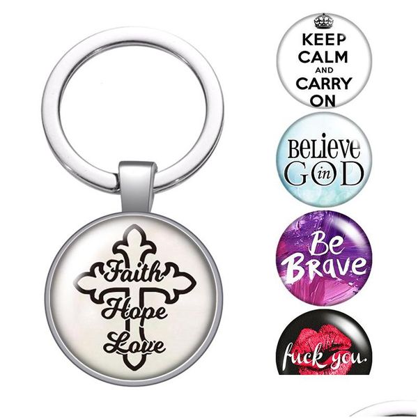 Chaveiros Lanyards Cross Faith Words Hope Brave Glass Cabochon Keychain Bag Car Key Chain Ring Holder Charms Sier For Men Women Gift Dhtl3