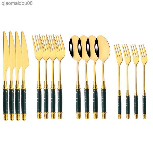 16Pcs Set di posate con manico in ceramica oro verde Set di posate da cucina Coltelli in acciaio inossidabile Forchette Cucchiai Set di stoviglie occidentali L230704