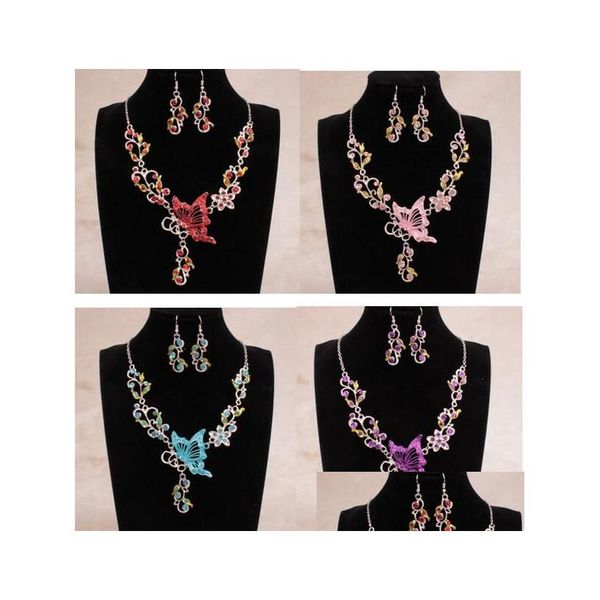 Küpe Kolye Kadın Mücevher Setleri Kelebek Çiçek Rhinestone Kolye İfadesi Set Moda Gelin Elbise Lady Drop Teslimat DH1X6