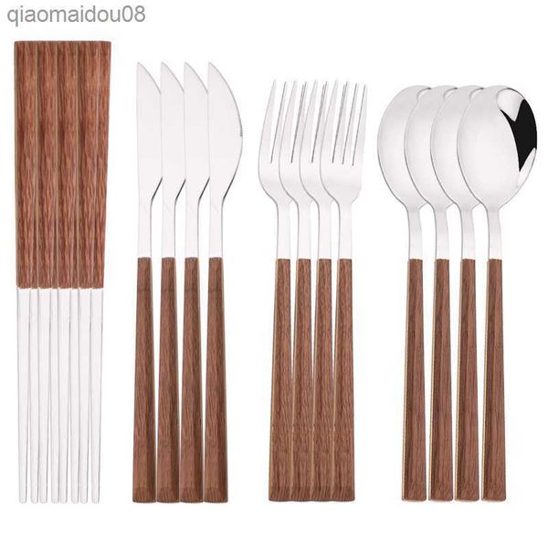 Соборы для палочек на 4/12/16PCS SPOON SET SET Деревянная посуда имитация имитация набор ручки роскошной набор вилок корейский нож серебряный обеденный посуда L230704