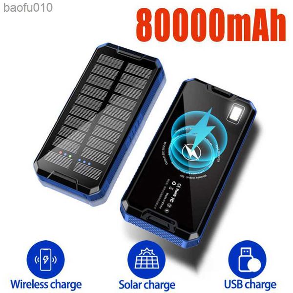 Solar Wireless Power Bank Caricabatterie portatile 80000mAh Batteria esterna ad alta capacità con LED forte per IPhone Xiami Samsung L230619