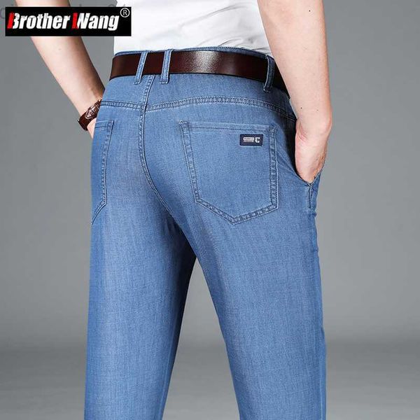 Herren Jeans Frühling Sommer Herren Anti-Falten Bequemer Stoff Dünne Jeans Business Casual Gerade Hochwertige Hose Männliche Marke Blau L230724