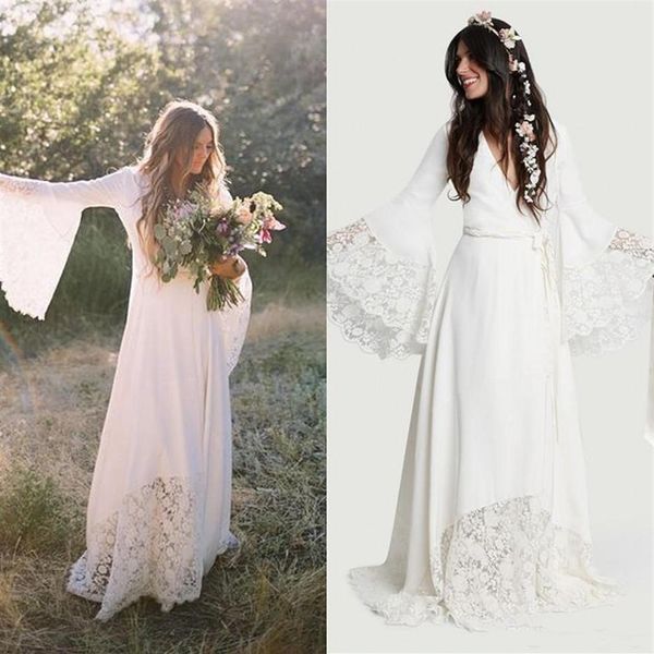 Abiti da sposa da spiaggia Chic Boho Bohemian Long Bell Sleeve Pizzo Abiti da sposa Fiore Plus Size Hippie Abito da sposa Custom made268g