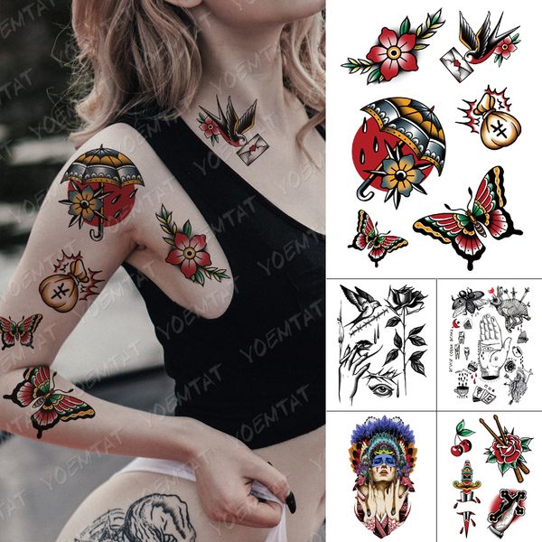 Wasserdicht Temporäre Tätowierung Aufkleber Old School Schmetterling Schwalbe Flash Tattoos Rose Schwert Körper Kunst Arm Gefälschte Tatoo Frauen Männer