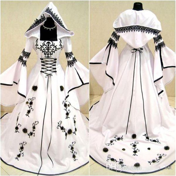 Vestidos de Noiva Renascentista Medieval Vintage Preto e Branco 2021 Manga Longa Bordado Renda Aplicada com Cadarço nas Costas Gótico Bridal219v