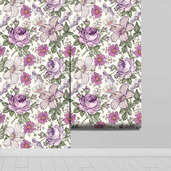 Carte da parati Multicolore Peony Daisy Peel And Stick Carta da parati Fiore beige Rimozione autoadesiva Decorazione murale impermeabile