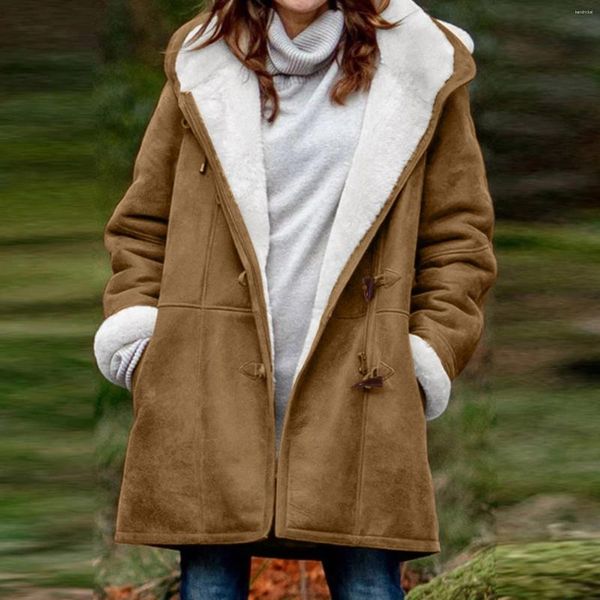 Damenjacken Winter Warme Jacke Frauen Fleece Einfarbige Mäntel Samt Langarm Taschenmantel Horn Schnalle Mit Kapuze Lose Oberbekleidung