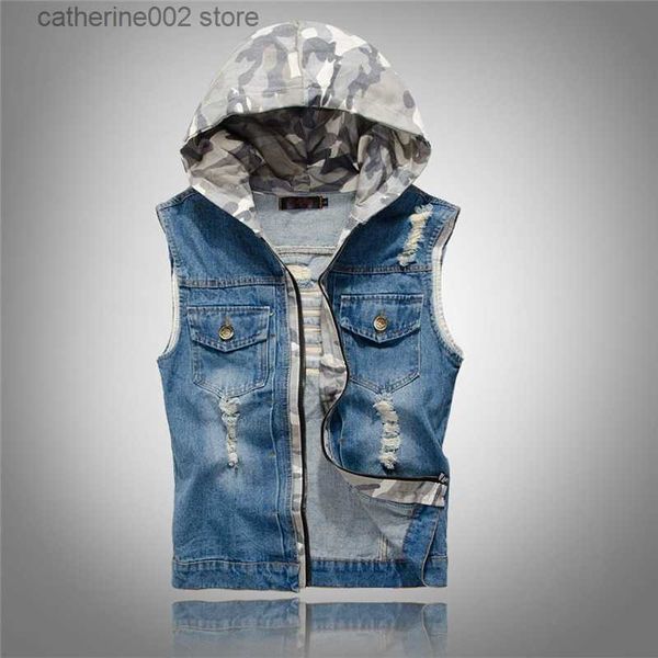 Coletes Masculinos Masculino Camuflado Denim Colete Hoodies Motociclista Jeans Jaquetas Sem Mangas Casacos Finos Primavera Outono Roupas Alta Qualidade 4XL T230724