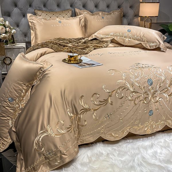 Conjuntos de cama estilo europeu luxo ouro bordado real cetim duplo capa de edredom algodão puro lençóis e fronhas 230724