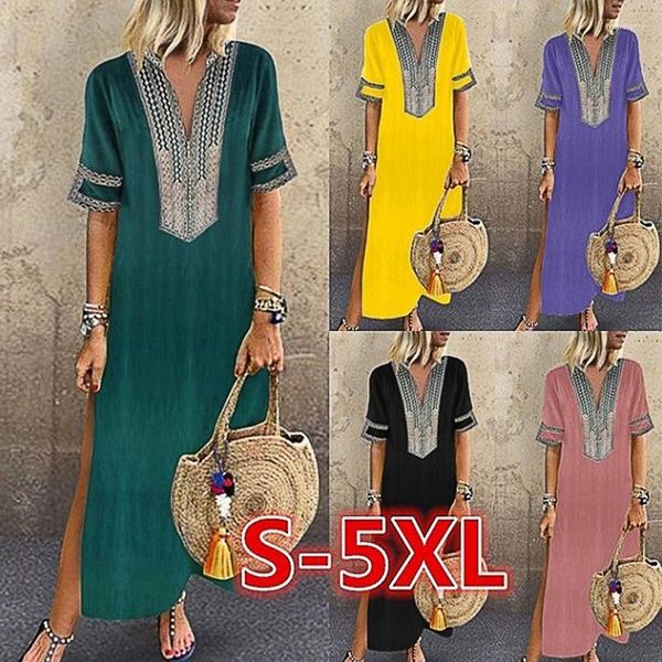 Lässige Kleider Europäische und amerikanische Plus-Size-Damen 2023 Sommer Slim Fit Vintage Print Mittelärmeliges Kleid mit tiefem V-Ausschnitt Einteiliges Drop-off