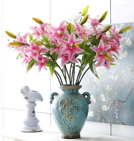 Flores decorativas Flor Artificial Real Touch Lily Home Decor Para Presentes de Casamento HI-Q 6pcs 3 Cabeças 75cm