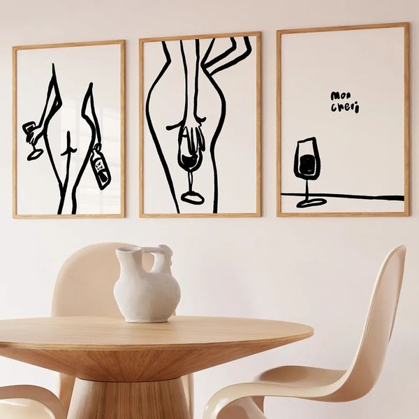 Abstrakte minimalistische Frauen-Wein-Poster, Wandkunst, Strichzeichnung, Leinwand, Malerei, Kunstdruck, Schwarz-Weiß-Bild, Wohnzimmer-Dekoration w06