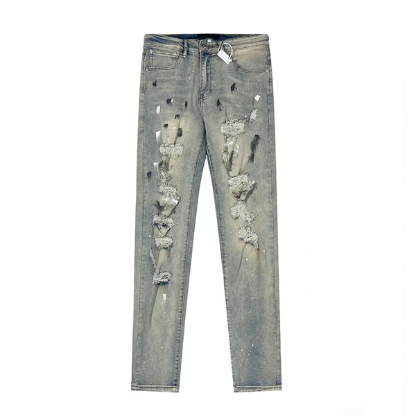 Мужские джинсы Мири Европейский и американский роскошный дизайнерский дизайнерский джинсы Slim Fit Elastic Elastic Latters Pants Fashion Swing Paint Размер 28-34 Джин CJD2307247