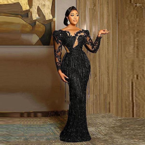 Abiti da festa Aso Ebi Abito da sera Paillettes Manica lunga Abiti personalizzati Abendkleider Elegante Prom Applique Vestido De Fiesta 2023