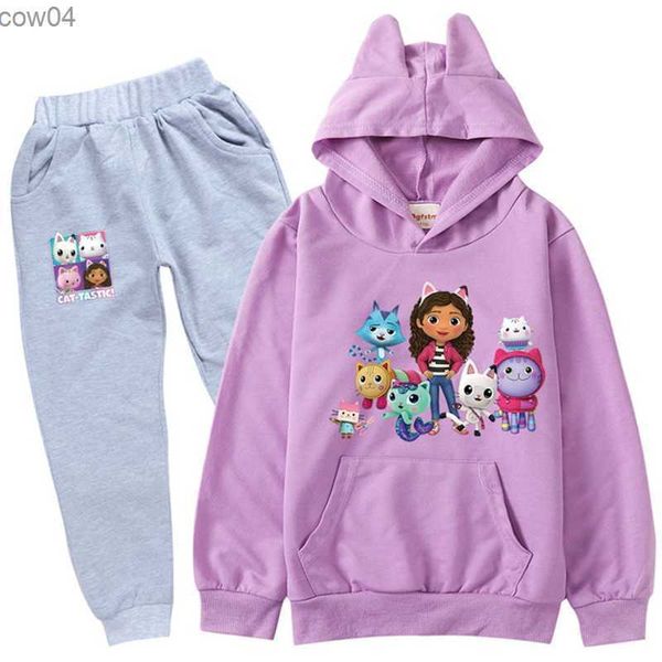 Primavera/Autunno Tuta Gabbys Dollhouse Abbigliamento Tuta Bambino Pullover Felpa con cappuccio Top + Pantaloni Set Anime Cat Bambini Ragazzo Ragazza Vestiti L230625