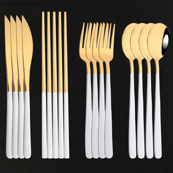 Set di posate da tavola in acciaio inossidabile oro bianco 4 persone Set di posate per bastoncini di sushi Bacchette Forchetta Cucchiaio Set di posate coreano Set di posate L230704