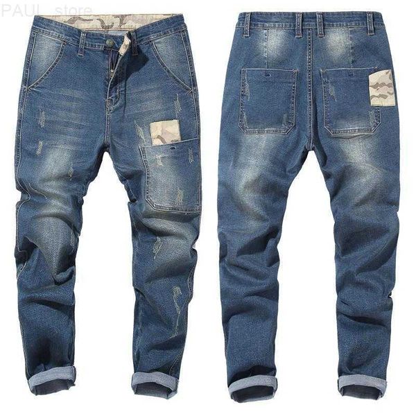 Jeans da uomo Mens 2021 Pantaloni elastici con cuciture mimetiche Pantaloni di marca maschile Nero Blu Taglie forti 42 44 46 48 Large L230724