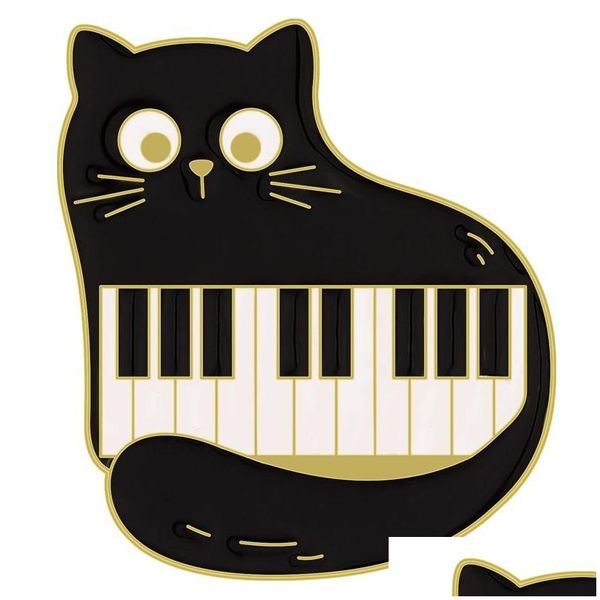 Pins Broschen Niedliche schwarze Katze Musik Emaille Pin Tier Musikinstrument Noten Klavier Brosche Abzeichen Freunde Geschenk Rucksack Zubehör Drop Del