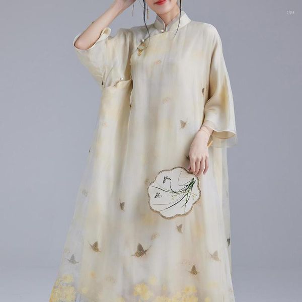 Casual Kleider Chinesischen Stil Verbesserte Hanfu Schmetterling Gedruckt Party Prom Kleid Frauen Retro Stehkragen Zwei Schicht Elegante Lose Midi