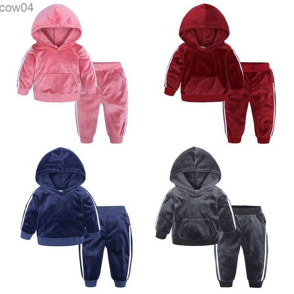 2023 Winter Kinder Kleidung Set Samt Solide Baby Jungen Mädchen Kleidung Hoodies Sweatshirt + Hosen Trainingsanzug Anzüge Für Kinder L230625