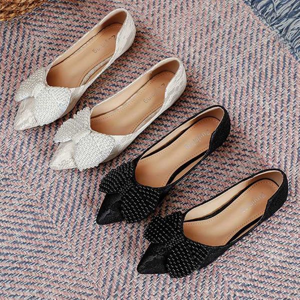 Elbise Ayakkabı Boncuk Yay Knot Ballet Flats Kadın Saçımlı Ayak Parçacıları Nekanlandırıcı Dantel İnci Sabahları Kadın Ayakkabı Artı Boyut 42/43 Moccasins L230724