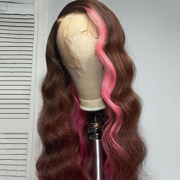 36 дюймов коричневый розовый кружевный парик Моделирование моделирование человеческие парики для женщин для женщин, окрашенных бразильской волной HD кружевной парик