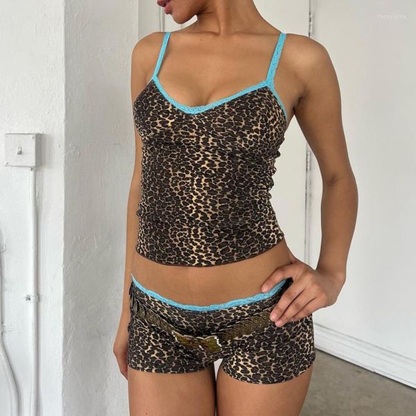 Kadınların Trailtsuits Kadınlar Set Rave Leopar Baskı 2 Parça Dantel Trim Spagetti Kayışı Cami Kısa Y2K Vintage Mahsul Üstler Seksi Kulüp Partisi Eşleştirme