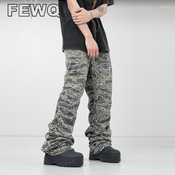 Calça Masculina FEWQ Skull Patch Fold Cargo Y2k Estilo Americano Streetwear Masculino Macacões Safari Vintage Casual 24B2578