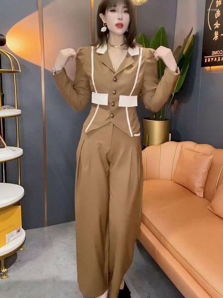 Pantaloni a due pezzi da donna Insozkdg Donne Linee a contrasto Blazer Coat Gamba larga a vita alta Due pezzi Coreano Elegante Set Abbigliamento femminile