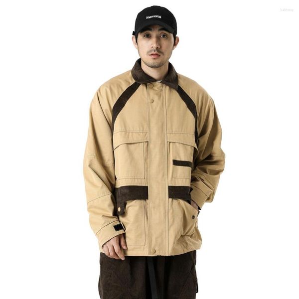 Мужские куртки осенние вельветовые сплайсинки бренд, мужская японская корейская уличная одежда мода свободная повседневная винтажная грузовая весенняя пальто верхняя одежда