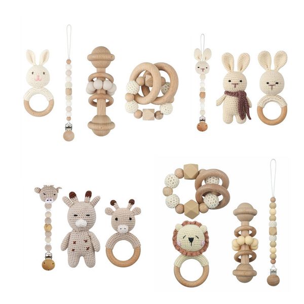Brinquedos mordedores de bebê 3 4 pçs feitos à mão em crochê, coelho, bonecos de pelúcia nascidos, chocalho, brinquedo de madeira, anel de dentição, chupeta, clipes de corrente 230724