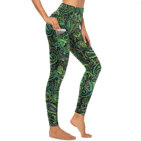 Damen-Leggings, grüne Paisley-Yogahose, sexy Vintage-Blumendruck, Grafik, Push-Up-Fitness-Leggings, Damen-Neuheit, Stretch-Sportstrumpfhose