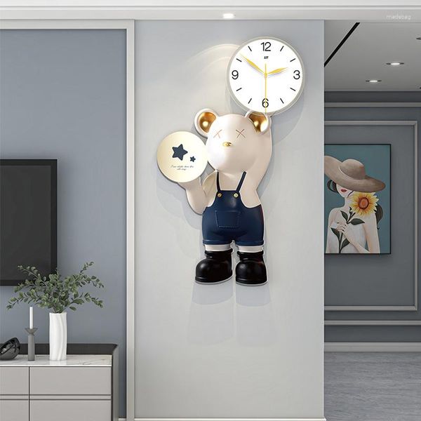 Orologi da parete 67x40cm Grande orologio per la casa Orologio da parete Orso di cartone animato Decorazione per soggiorno Orologio da appendere Orologio silenzioso