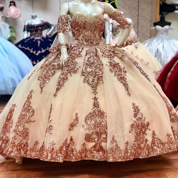 2021 Sexy Rose Gold Vestidos de Baile Quinceanera com Lantejoulas Sweetheart Lantejoulas Apliques de Renda Cristal Tule Sweet 16 Espartilho Costas Pa244i