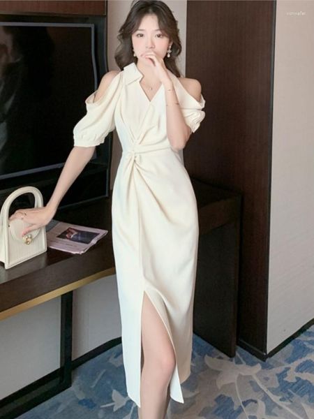Casual Kleider Korea Chic Off Schulter Frauen Sommer Kleid Elegante V-ausschnitt Schlanke Büro Dame Kink Kleidung Vintage Slip Ein Stücke party Robe