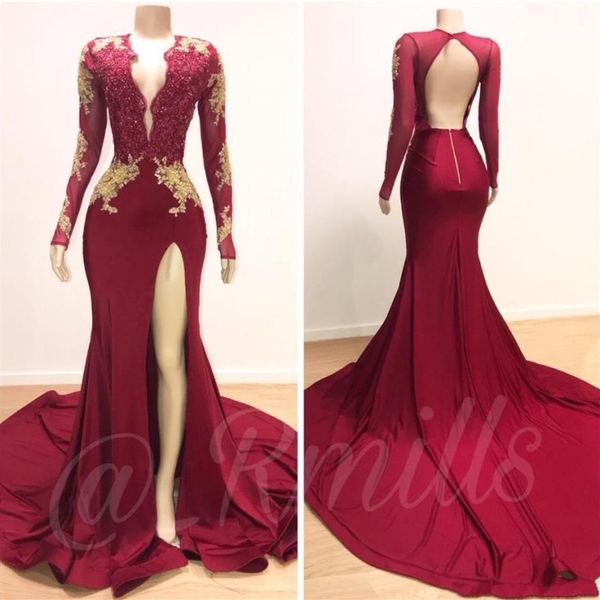 2020 apliques de ouro vermelho escuro vestidos de baile de sereia novo sexy decote em V profundo aberto nas costas vestidos de noite manga longa robes de soriee262a