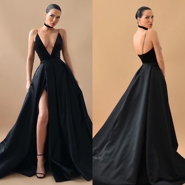 Elegant schwarz eine Linie Prom Kleider tauchen v Hals Samt Top Abendkleid Falten Schlitz formelle Lange besondere Anlässe Partykleid