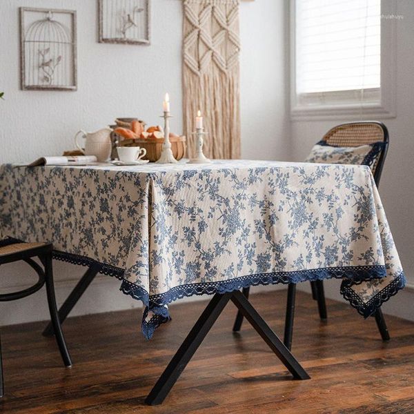 Tovaglia Vintage Lavata Blu Navy Con Fiori Tovaglia CASA Picnic Copertura Decorativa Varie Dimensioni