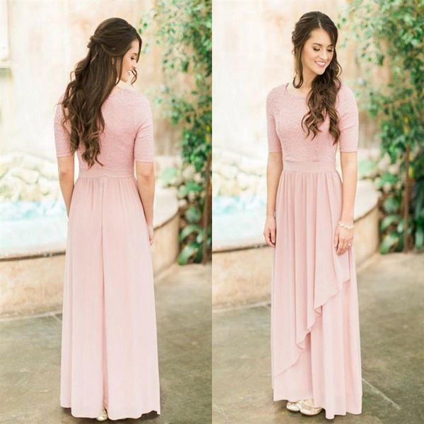 Vestidos de dama de honra longos e modestos de renda rosa com meia manga vestidos de casamento country para damas de honra boho manga 184S