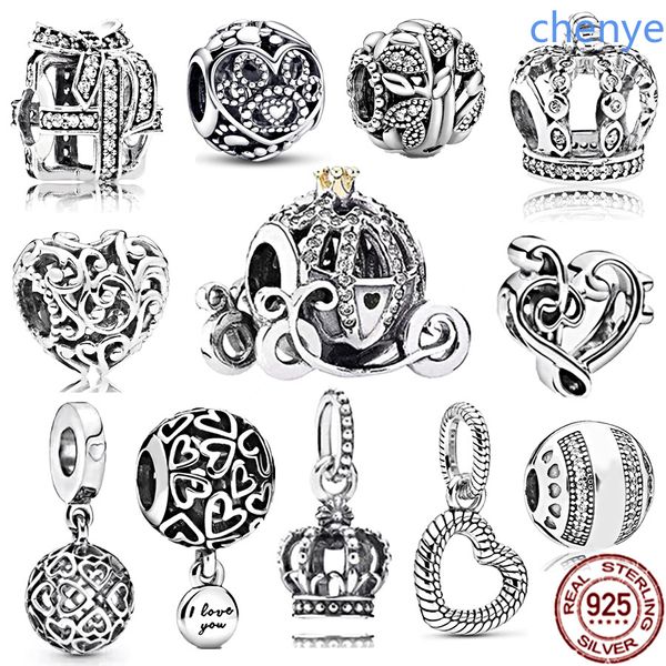 Ciondolo Pandora in argento sterling di alta qualità stampa artiglio corona vuota e perline ciondolo a forma di cuore adatto per braccialetti da donna accessori moda fascino