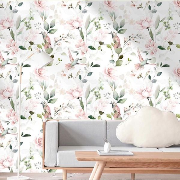 Tapeten, weiße Blumentapete, abziehen und aufkleben, koreanische Blume, rosa Vogel, Baum, Schmetterling, Wandkontaktpapier für Schlafzimmer