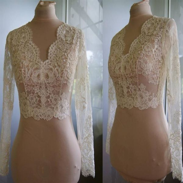 Bolero da sposa a maniche lunghe di alta qualità Giacca in pizzo avorio con scollo a V Custom Made Sheer Wedding Wraps Coprispalle Bottoni Indietro Stola da sposa2503