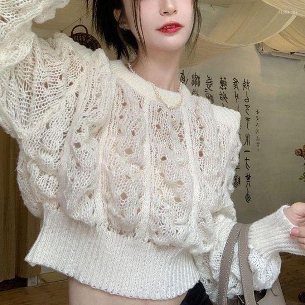 Damenpullover Strickpullover Mujer Solid Crew Neck Hollow Out Bubble Sleeve White Top Jumper Frühling Sueter