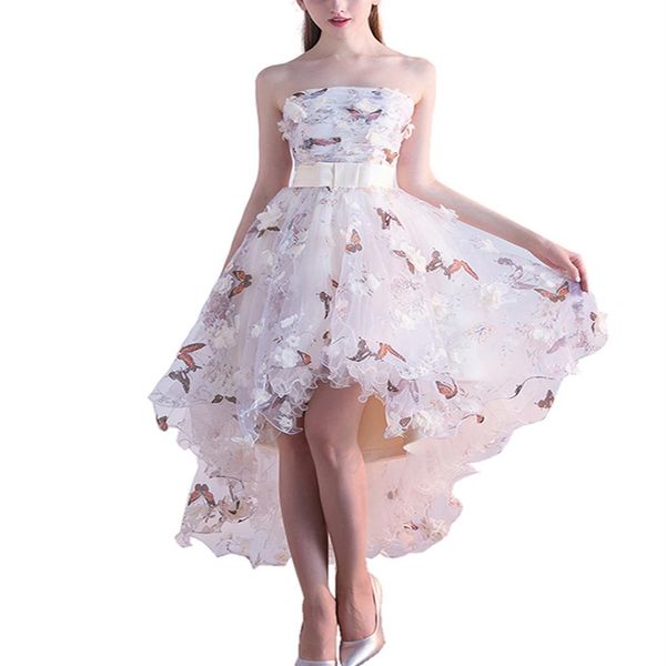 High Low Creme 3D-Blumen-Schmetterlings-Abschlussballkleid, trägerlos, Schleife, Gürtel, kurze Vorderseite, lange Rückseite, Mädchen-Festzug-Kleid, Party-Kleider2469