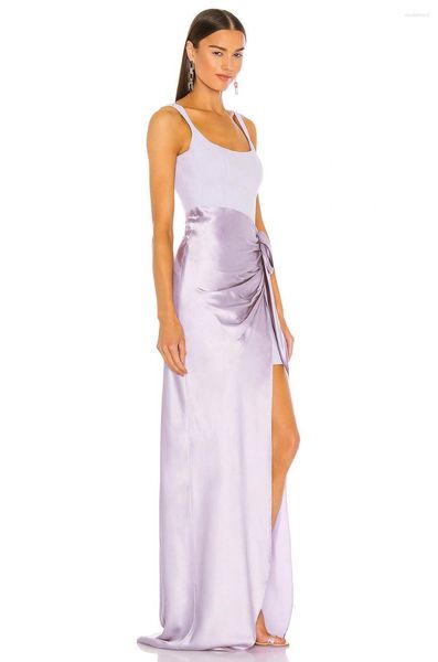 Vestidos de Festa Feminino Sexy Roxo Costura Satin Sling Vestido Slim Com Bandagem Removível Elegante Sem Mangas Saia Alta Dividida Formal